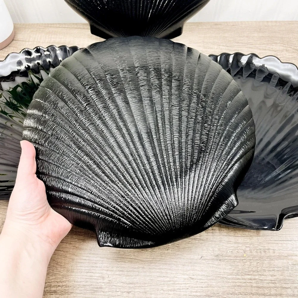Vintage Arcoroc France Black Glass Seashell Plates Tableware Set of 6